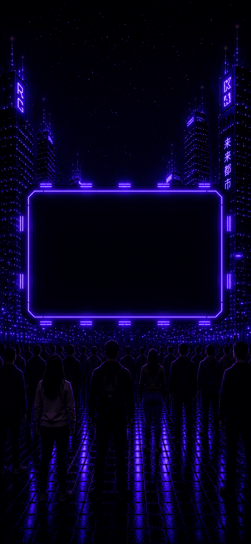 A crowd facing a glowing screen in a neon city