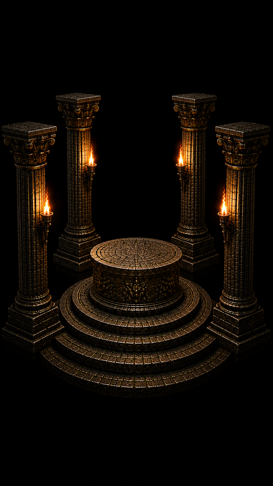 A golden ceremonial podium surrounded by torch-lit stone columns