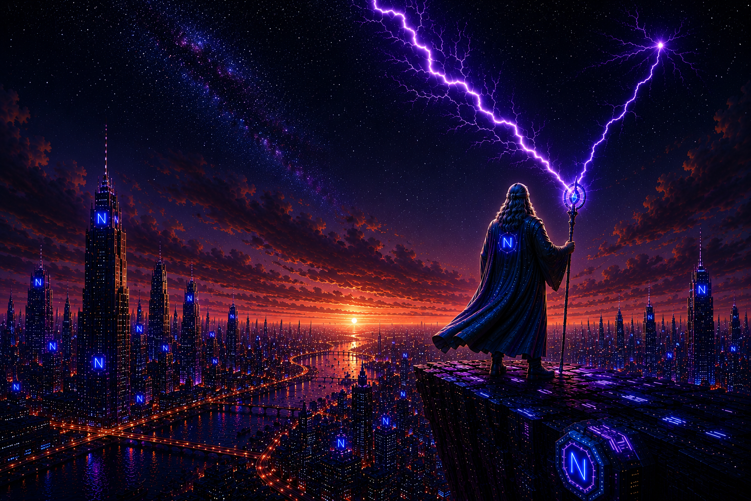 A robed figure with a staff standing atop a mountain, gazing out at a starry cosmic sky over a sunset horizon