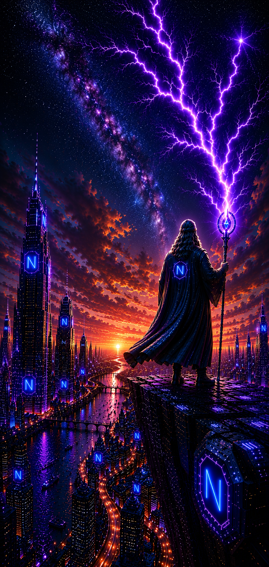 A robed figure with a staff standing atop a mountain, gazing out at a starry cosmic sky over a sunset horizon